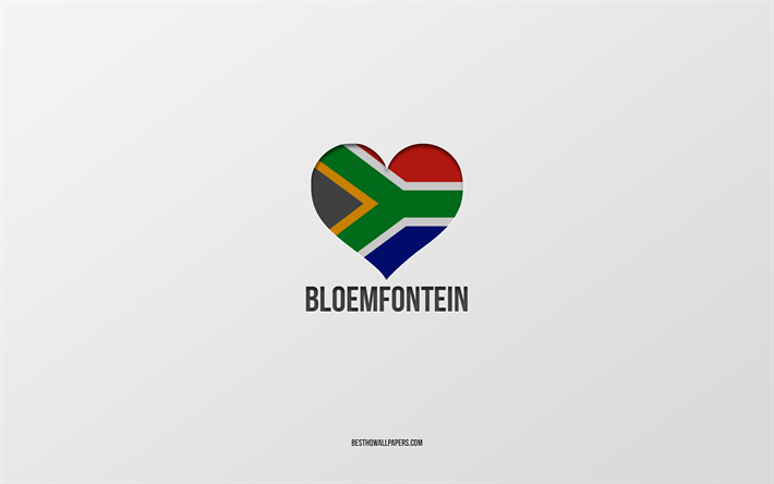 amo bloemfontein, citt&#224; sudafricane, giorno di bloemfontein, sfondo grigio, bloemfontein, sud africa, cuore bandiera sudafricana, citt&#224; preferite, love bloemfontein