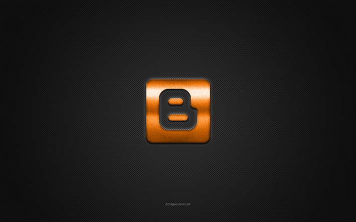 blogger-logo, oranssi kiilt&#228;v&#228; logo, bloggerin metallitunnus, harmaa hiilikuiturakenne, blogger, tuotemerkit, luova taide, blogger-tunnus