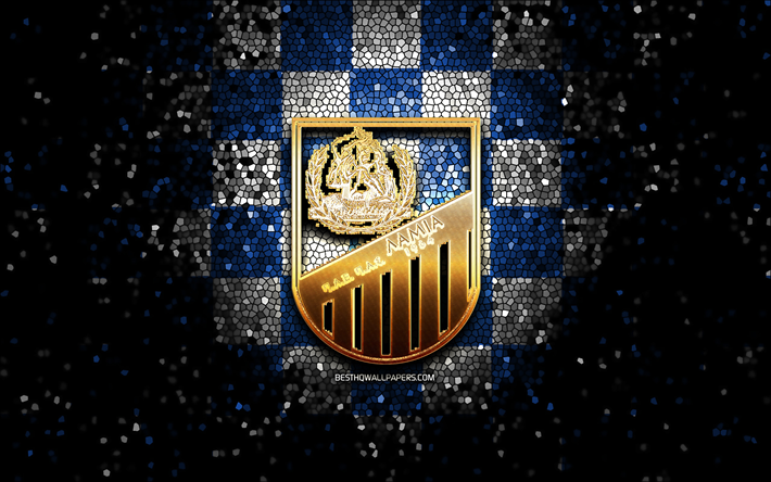 Lamia FC, glitter logo, Super League Greece, blue white checkered background, soccer, greek football club, Lamia logo, mosaic art, football, FC Lamia