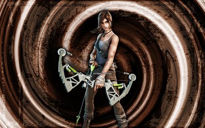 4k, Lara Croft, brown grunge background, Fortnite, vortex, Fortnite characters, Lara Croft Skin, Fortnite Battle Royale, Lara Croft Fortnite