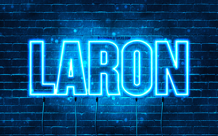 joyeux anniversaire laron, 4k, n&#233;ons bleus, nom de laron, cr&#233;atif, laron joyeux anniversaire, anniversaire de laron, noms masculins fran&#231;ais populaires, photo avec le nom de laron, laron