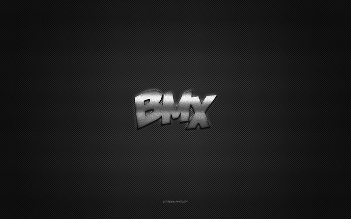 شعار bmx, فضية لامعة الشعار, شعار معدني bmx, نسيج من ألياف الكربون الرمادي, bmx, العلامات التجارية, فن إبداعي