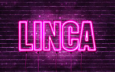 Happy Birthday Linca, 4k, pink neon lights, Linca name, creative, Linca Happy Birthday, Linca Birthday, popular french female names, picture with Linca name, Linca