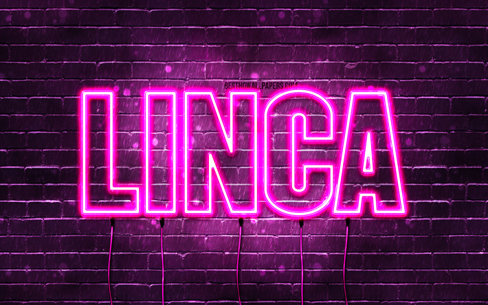 alles gute zum geburtstag linca, 4k, rosa neonlichter, linca-name, kreativ, linca happy birthday, linca-geburtstag, beliebte franz&#246;sische frauennamen, bild mit linca-namen, linca