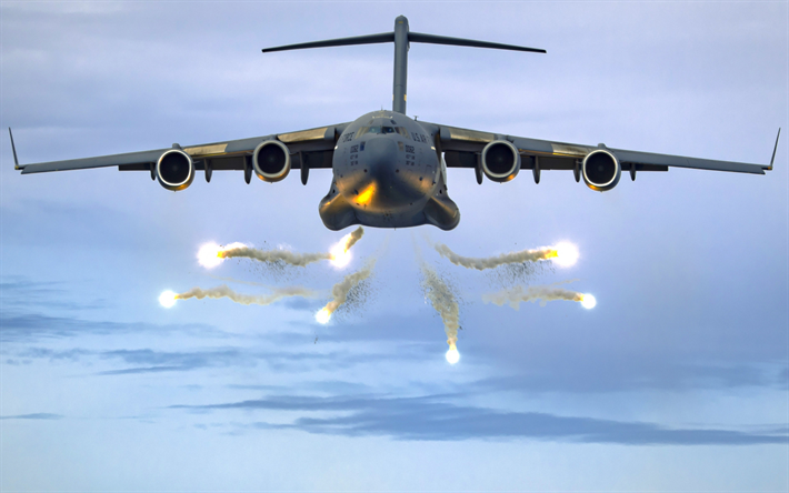 Boeing C-17 Globemaster III, american military transport aircraft, US air force, military aircraft, C-17 in flight