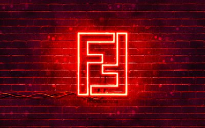 Fendi red logo, 4k, red brickwall, Fendi logo, brands, Fendi neon logo, Fendi
