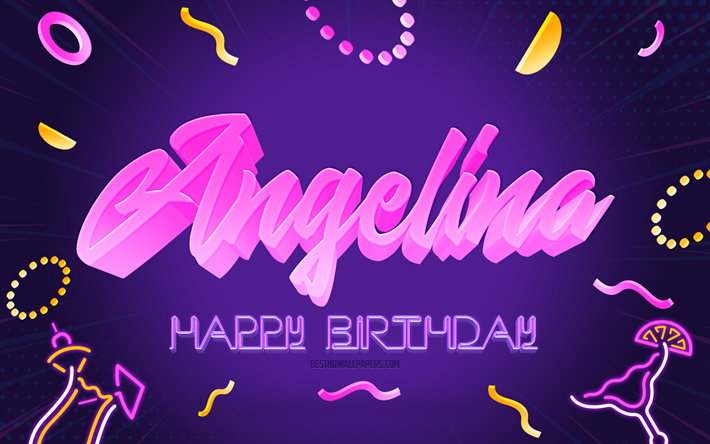 Happy Birthday Angelina, 4k, Purple Party Background, Angelina, creative art, Happy Angelina birthday, Angelina name, Angelina Birthday, Birthday Party Background