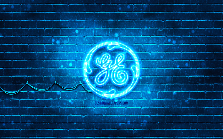 logo blu general electric, 4k, muro di mattoni blu, logo general electric, marchi, logo al neon general electric, general electric