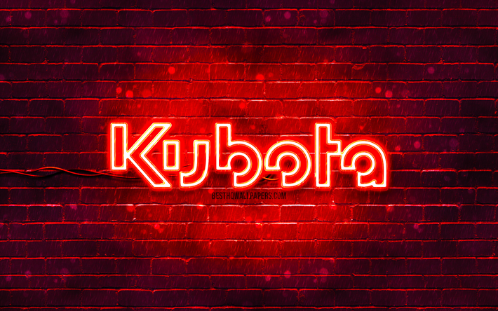 Kubota red logo, 4k, red brickwall, Kubota logo, brands, Kubota neon logo, Kubota