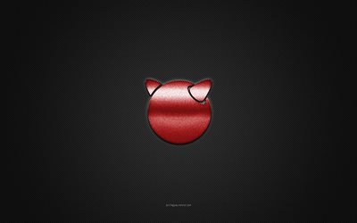 FreeBSD logo, red shiny logo, FreeBSD metal emblem, gray carbon fiber texture, FreeBSD, brands, creative art, FreeBSD emblem
