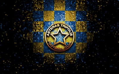 Asteras Tripolis FC, glitter logo, Super League Greece, blue yellow checkered background, soccer, greek football club, Asteras Tripolis logo, mosaic art, football, FC Asteras Tripolis