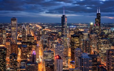 Chicago, Willis Tower, evening, sunset, Chicago skyscrapers, Trump International Hotel and Tower, Chicago panorama, Chicago cityscape, Illinois, USA