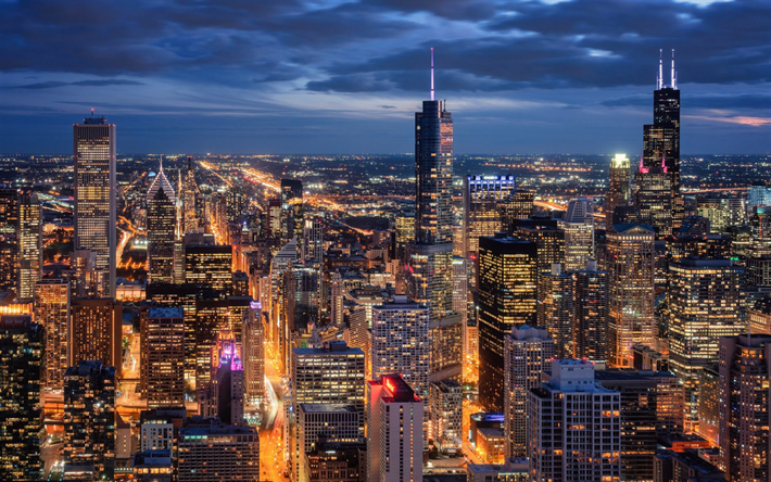 Chicago, Willis Tower, evening, sunset, Chicago skyscrapers, Trump International Hotel and Tower, Chicago panorama, Chicago cityscape, Illinois, USA