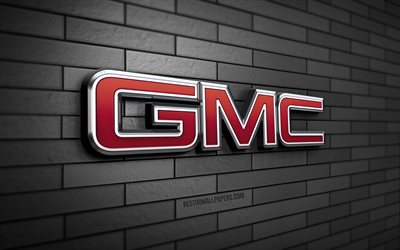 GMC 3D logo, 4K, gray brickwall, creative, cars brands, GMC logo, GMC metal logo, 3D art, GMC