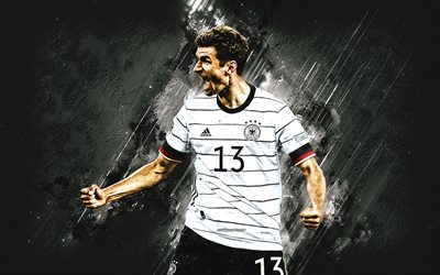 Thomas Muller, Germany national football team, german football player, white stone background, Thomas Muller Germany, football, grunge art, Germany