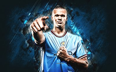 Erling Braut Haaland, Manchester City FC, Norwegian football player, blue stone background, football, Haaland Manchester City, Premier League, England