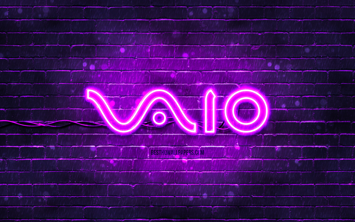 VAIO violet logo, 4k, violet brickwall, VAIO logo, brands, VAIO neon logo, VAIO, Sony VAIO