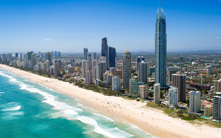 Beach, ocean, Queensland, Australia, Pacific Ocean, skyscrapers
