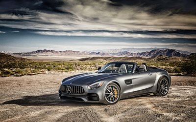 Mercedes AMG GT, 2017, R190, GT-Classe, Roadster, Desporto autom&#243;vel, cinza Mercedes, carros alem&#227;es, EUA, deserto, Mercedes