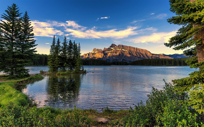 Download wallpapers Banff National Park, mountains, sunset, lake ...