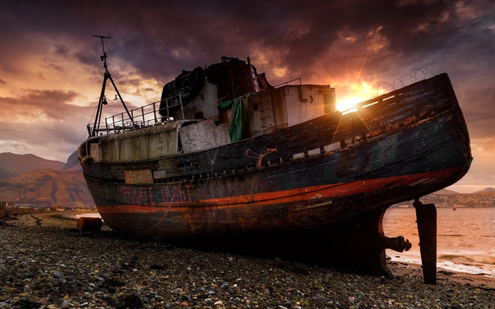 abandoned boat, coast, sea, sunset