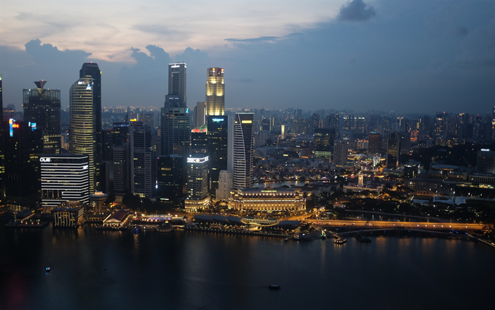 Singapour, ville de soir&#233;e, m&#233;tropole, gratte-ciel, Asie