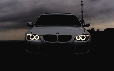 BMW M3, darkness, E92, headlights, 4k, white M3, german cars, BMW
