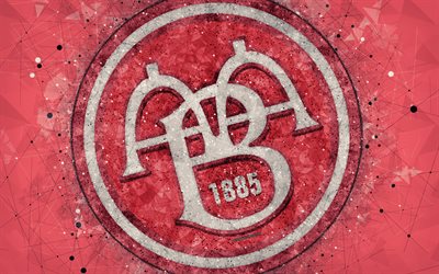 Aalborg BK, 4k, logo, geometric art, Danish football club, red background, Danish Superliga, Aalborg, Denmark, football, Aalborg FC