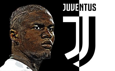 Douglas Costa, 4k, art, Juventus FC, Brazilian footballer, grunge art, new Juventus logo, emblem, black and white background, creative art, Serie A, Italy