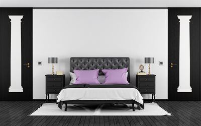 現代のお洒落なデザインベッドルーム, スワロフスキークリスタル, 白黒ベッドルーム, 黒木製ドア, 黒ベッドサイドテーブル, モダンなインテリアデザイン