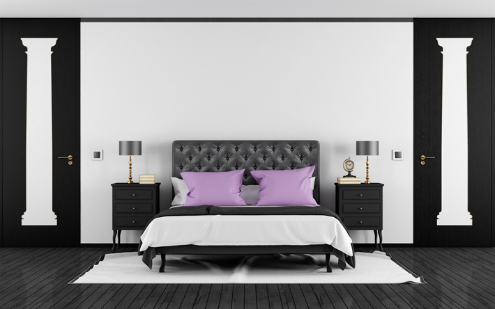 modern şık yatak odası tasarım, klasik stil, beyaz siyah yatak odası, siyah ahşap kapı, siyah Komidin, modern i&#231; tasarım