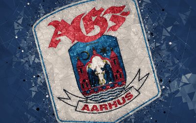 Aarhus Gymnastikforening, 4k, logo, geometric art, Danish football club, blue background, Danish Superliga, Aarhus, Denmark, football, Aarhus FC