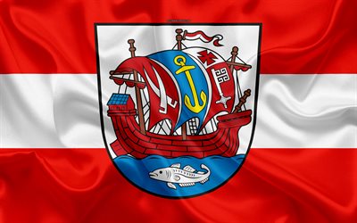 Flag of Bremerhaven, 4k, silk texture, red white silk flag, coat of arms, German city, Bremerhaven, Bremen, Germany, symbols