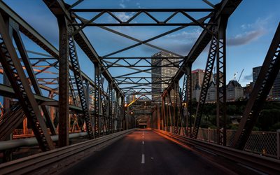 Edmonton, sera, tramonto, ponte di ferro, North Saskatchewan river, Alberta, Canada
