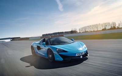McLaren 570S Spider, 2018, Track Pack, black blue sports coupe, front view, racing track, blue 570S, McLaren