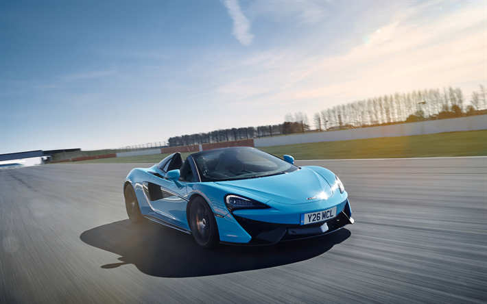 ماكلارين 570S العنكبوت, 2018, Track Pack, أسود أزرق الرياضية كوبيه, منظر أمامي, مسار السباق, الأزرق 570S, ماكلارين