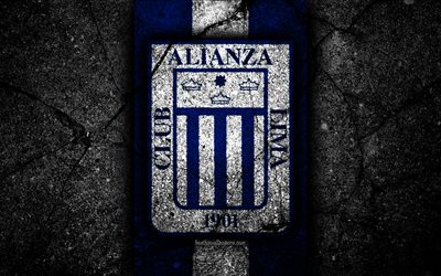 4k, Alianza Lima FC, logo, Peruvian Primera Division, grunge, soccer, black stone, Peru, Alianza Lima, football club, asphalt texture, football, FC Alianza Lima