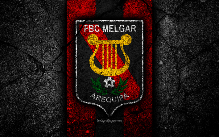 4k, FBC Melgar FC, logotyp, Peruanska Primera Division, grunge, fotboll, svart sten, Peru, FBC Melgar, football club, asfalt konsistens, FC FBC Melgar