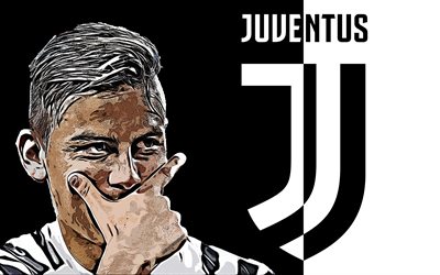 Paulo Dybala, 4k, konst, Juventus FC, Argentinsk fotbollsspelare, grunge konst, nya Juventus logotyp, emblem, svart och vit bakgrund, kreativ konst, Serie A, Italien