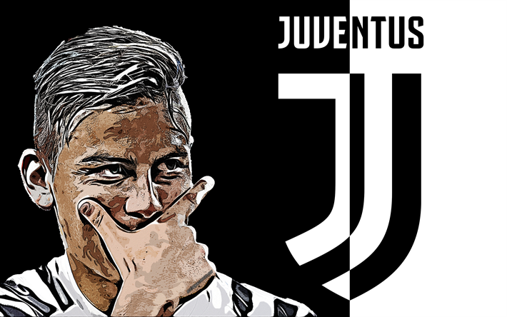 Paulo Dybala, 4k, art, Juventus FC, Argentinian footballer, grunge art, new Juventus logo, emblem, black and white background, creative art, Serie A, Italy