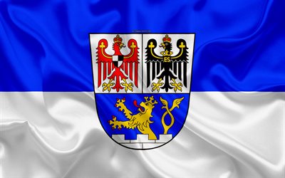 Flag of Erlangen, 4k, silk texture, blue white silk flag, coat of arms, German city, Erlangen, Middle Franconia, Germany, symbols