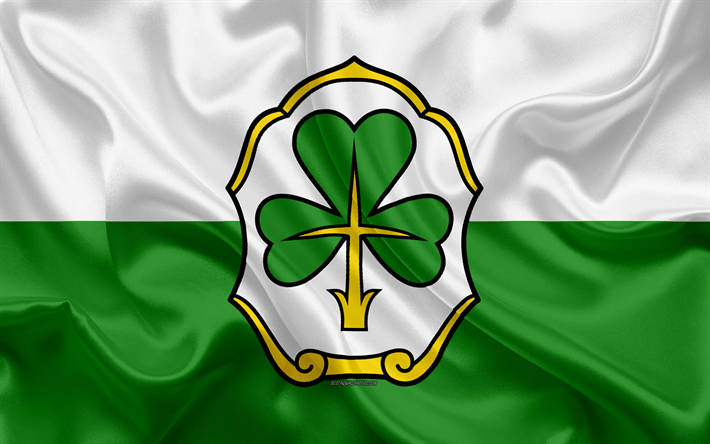 Bandiera di Furth, 4k, seta, trama, bianco seta verde bandiera, stemma, citt&#224; tedesca, Furth, della media Franconia, Germania, simboli