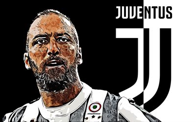 Gonzalo Higuain, 4k, art, Juventus FC, Argentinian footballer, grunge art, new Juventus logo, emblem, black and white background, creative art, Serie A, Italy