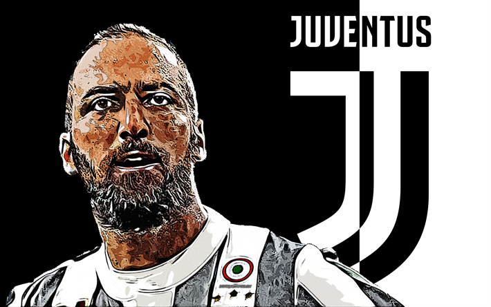 Gonzalo Higuain, 4k, konst, Juventus FC, Argentinsk fotbollsspelare, grunge konst, nya Juventus logotyp, emblem, svart och vit bakgrund, kreativ konst, Serie A, Italien