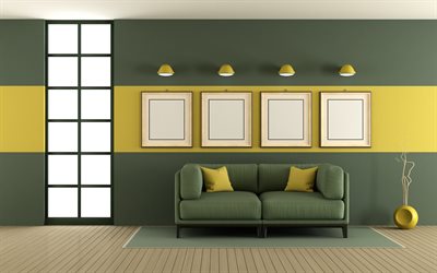 stylish living room, green walls, minimalism, modern interior design, green sofa, project