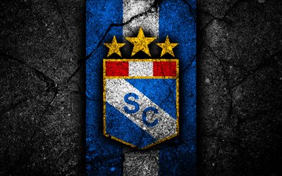 4k, Sporting Cristal FC, logo, Peruvian Primera Division, grunge, soccer, black stone, Peru, Sporting Cristal, football club, asphalt texture, football, FC Sporting Cristal