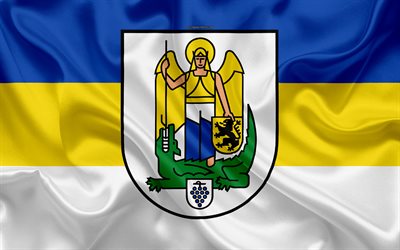 Bandera de Jena, 4k, seda textura, azul, amarillo bandera de seda blanca, el escudo de la ciudad alemana de Jena, Turingia, Alemania, s&#237;mbolos
