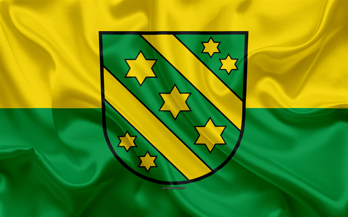 Flag of Reutlingen, 4k, silk texture, yellow green silk flag, coat of arms, German city, Reutlingen, Baden-Wurttembergs, Germany, symbols