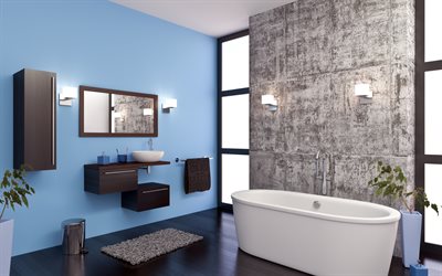 stylish bathroom interior, loft style, blue walls, modern interior design, bathroom