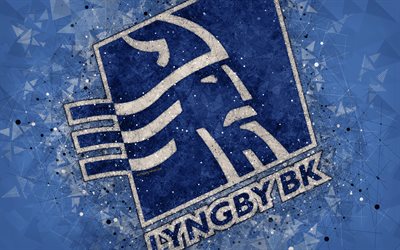 Lyngby BK, 4k, logo, geometric art, Danish football club, blue background, Danish Superliga, Kongens Lyngby, Denmark, football, Lyngby FC
